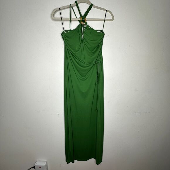Zara Emerald Green Strapless V-Neck Keyhole Halter Top Tie Back Maxi Dress M - Picture 3 of 11